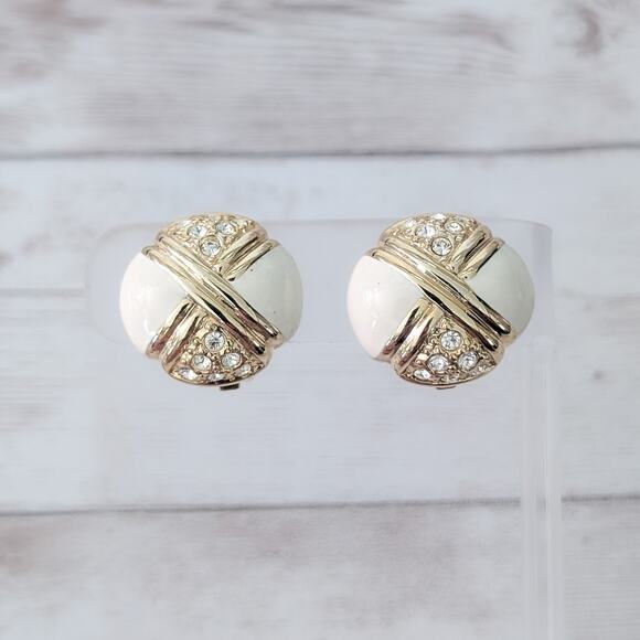 Vintage Clip On Earrings Stylish & Regal Gold Tone, Cream Enamel & Clear Gem - Picture 1 of 7